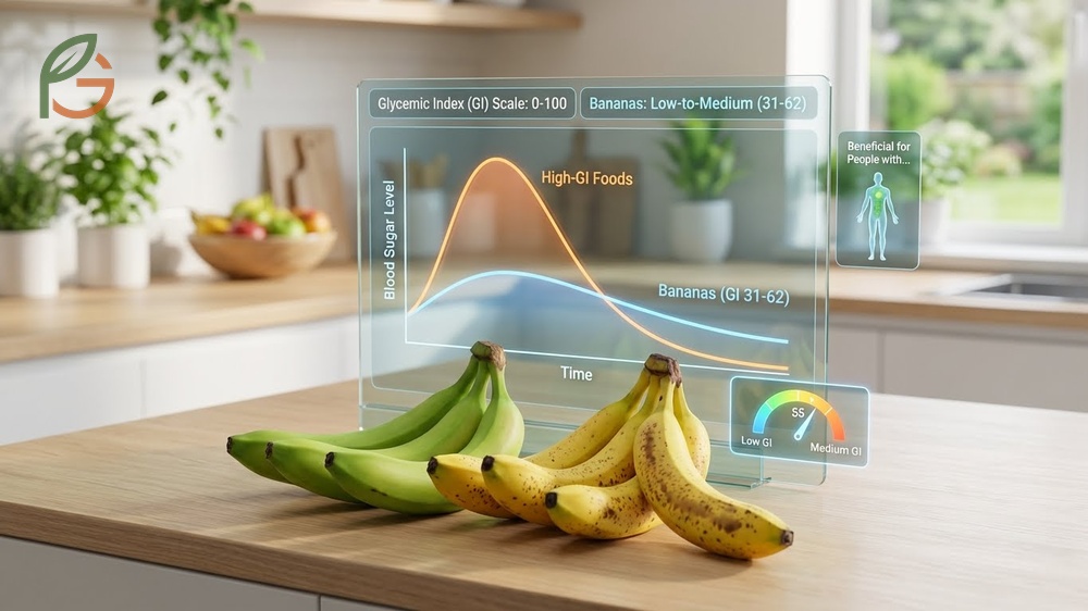 Glycemic index of banana chart showing scores between 31 and 62 depending on ripeness levels for better glucose management.