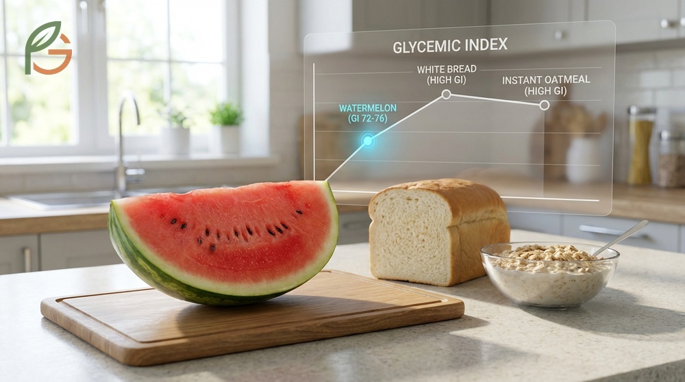 Glycemic index of watermelon ranges from 72 to 76 but offers a safe low glycemic load of 5 to 6 per serving.