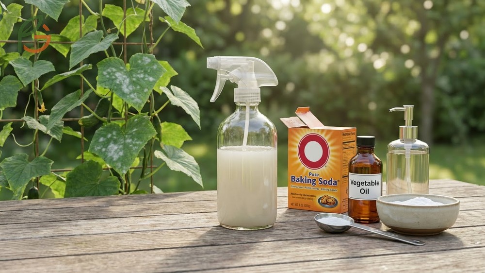 Homemade fungicide for cucumbers using baking soda and oil mixes to create a protective barrier against fungal spores.