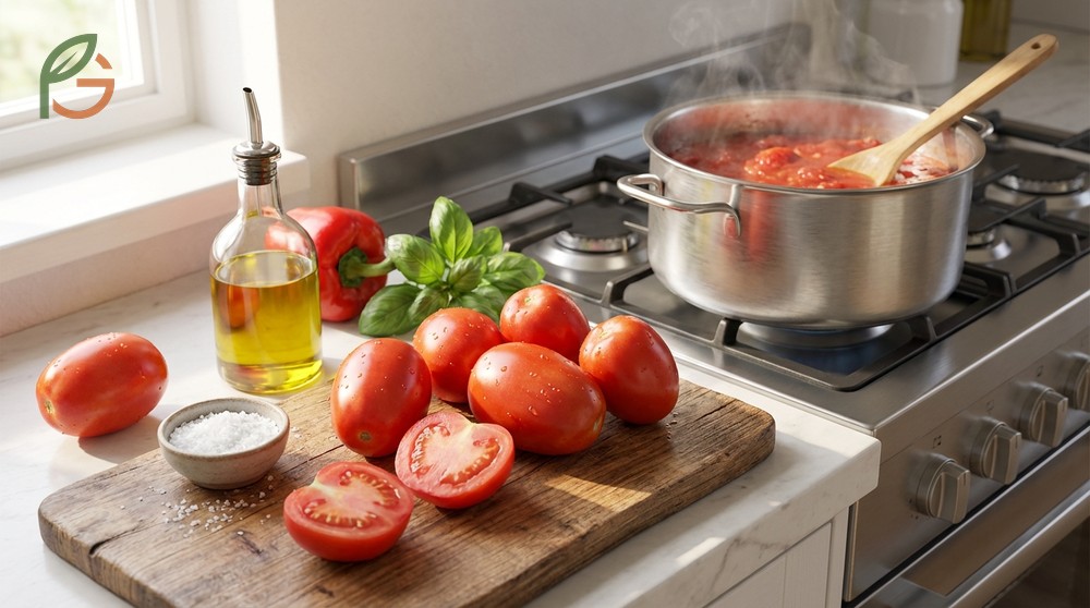 Homemade tomato paste recipe involving stovetop reduction followed by oven roasting for three hours.