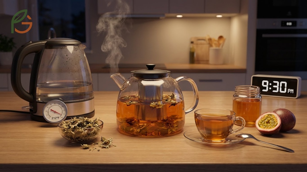 Passion fruit tea benefits are best extracted by brewing 1 to 2 teaspoons of dried flowers for 10 minutes.