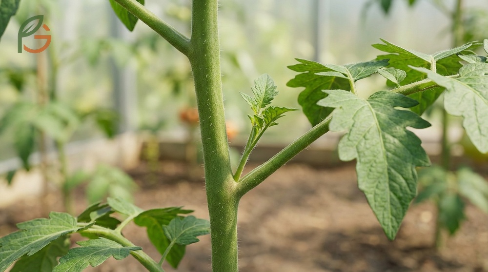Identifying tomato suckers by looking for shoots growing at a 45 degree angle in leaf joints.