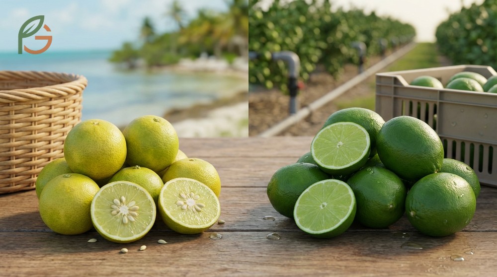 Key lime vs persian lime comparison showing origin differences between Southeast Asian and Tahitian hybrids.