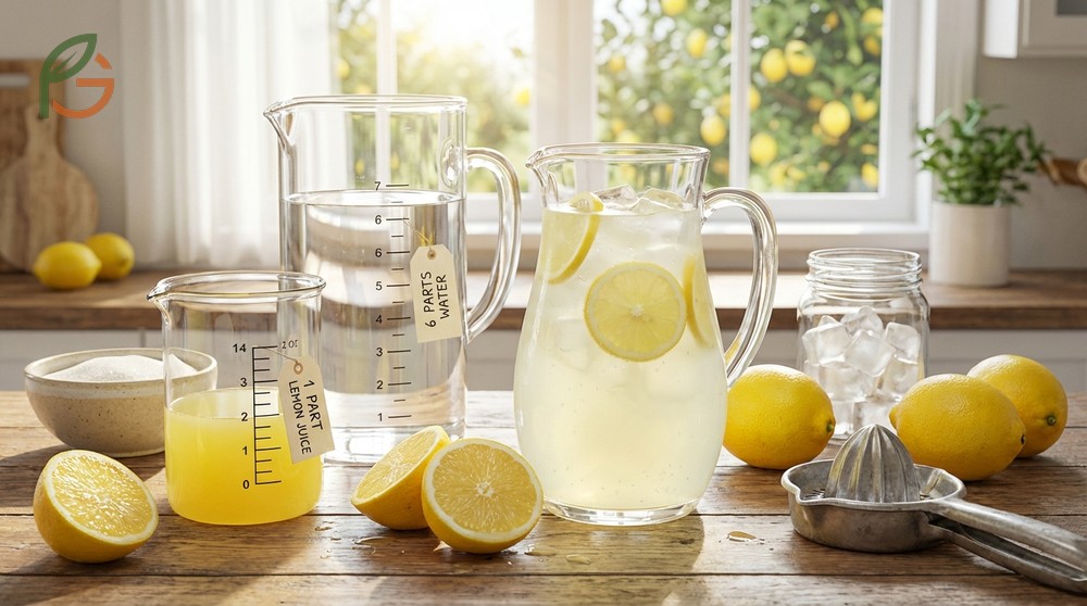 Lemon juice to water ratio for lemonade using one part juice to six parts water for a perfectly balanced taste.