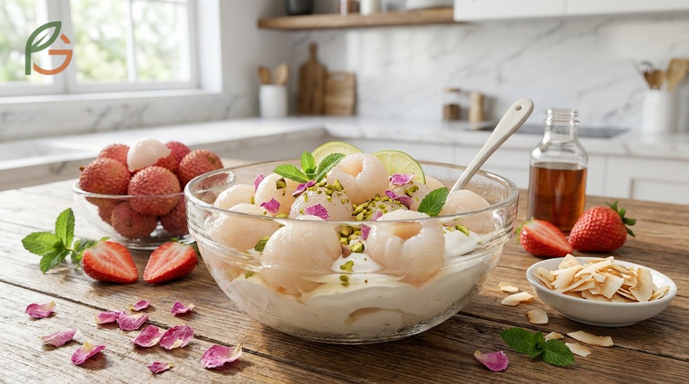 Lychee dessert ideas displaying a martini and fruit salad made with fresh peeled lychees.