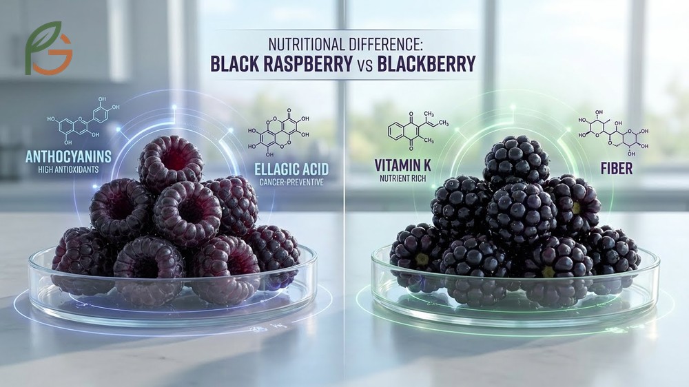 Nutritional difference black raspberry vs blackberry highlighting higher anthocyanins in raspberries versus vitamin K in blackberries.