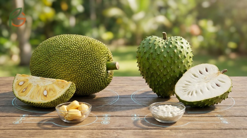 Nutritional tropical fruit comparison revealing 95 calories in jackfruit versus 66 calories in soursop per 100g serving.