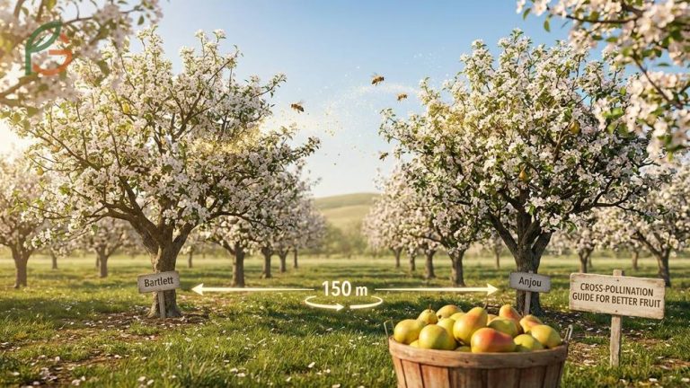Pear tree pollination guide for cross pollination between compatible varieties within 500 feet for better fruit.