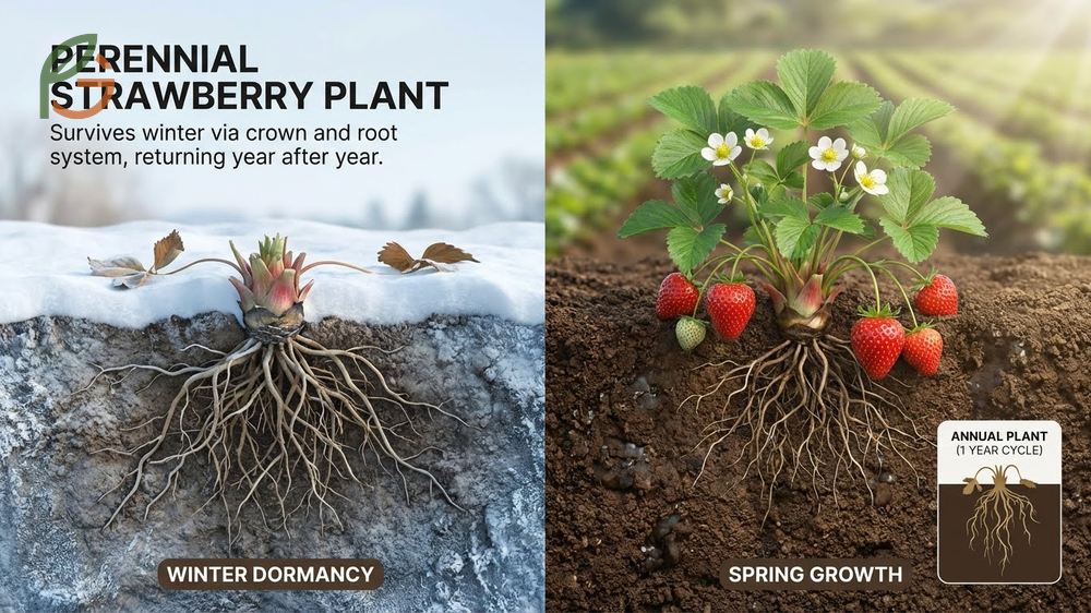 Strawberry plants showing their ability to develop a permanent crown structure that survives winter dormancy.
