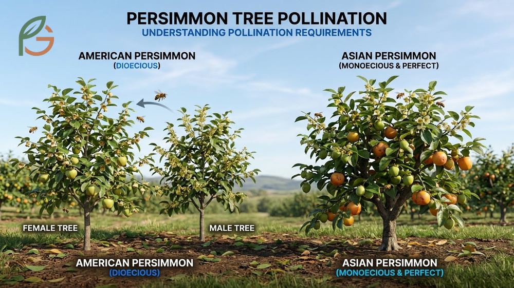 Close up of persimmon tree flowers attracting bees for pollination to ensure fruit set.