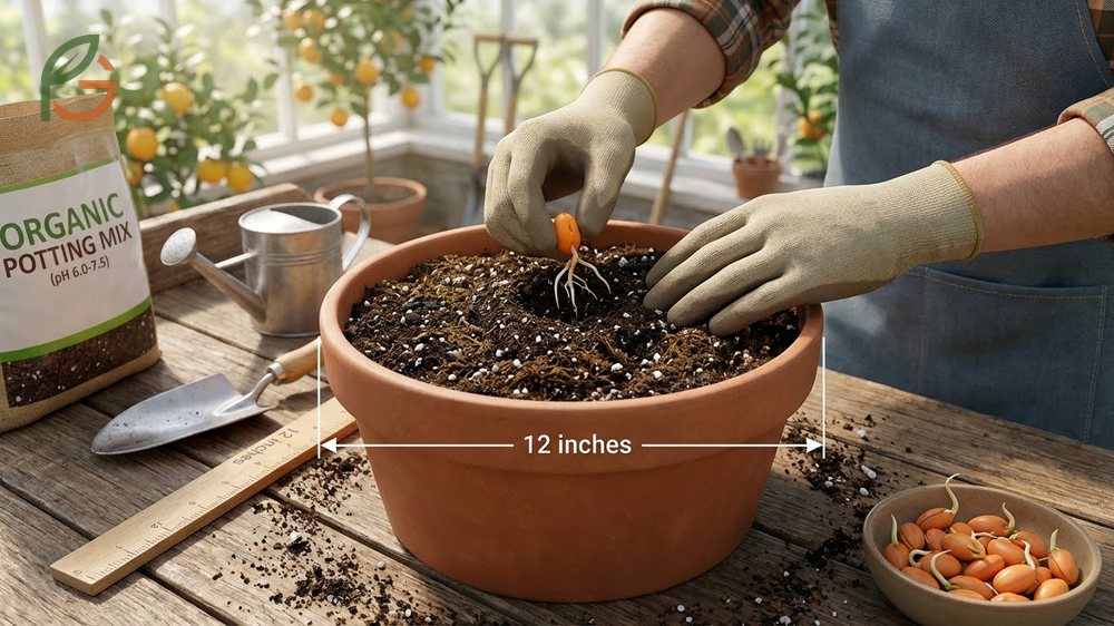 Planting orange seeds in well draining potting soil with pH 6.0 to 7.5 encourages healthy root development.