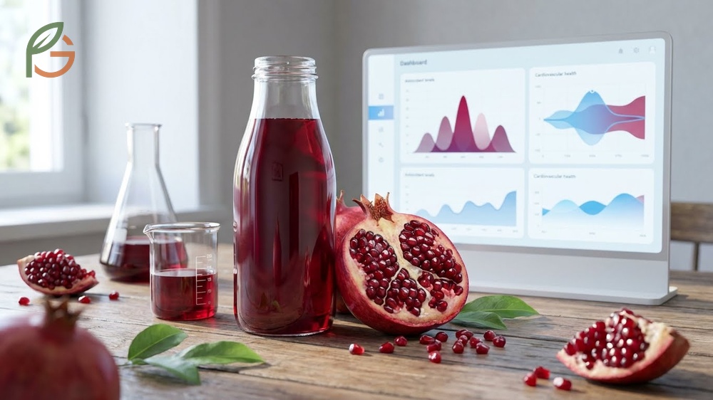 Pomegranate juice benefits include superior antioxidant capacity that protects LDL cholesterol from oxidative damage and plaque formation.
