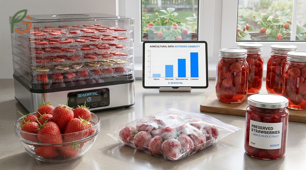 Jars of homemade strawberry jam and dehydrated fruit leather strips processed from soft berries.
