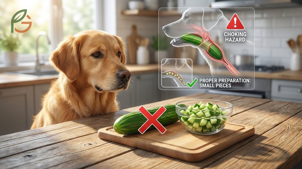 Choking hazards for dogs are prevented by slicing cucumbers into quarter inch thick rounds.