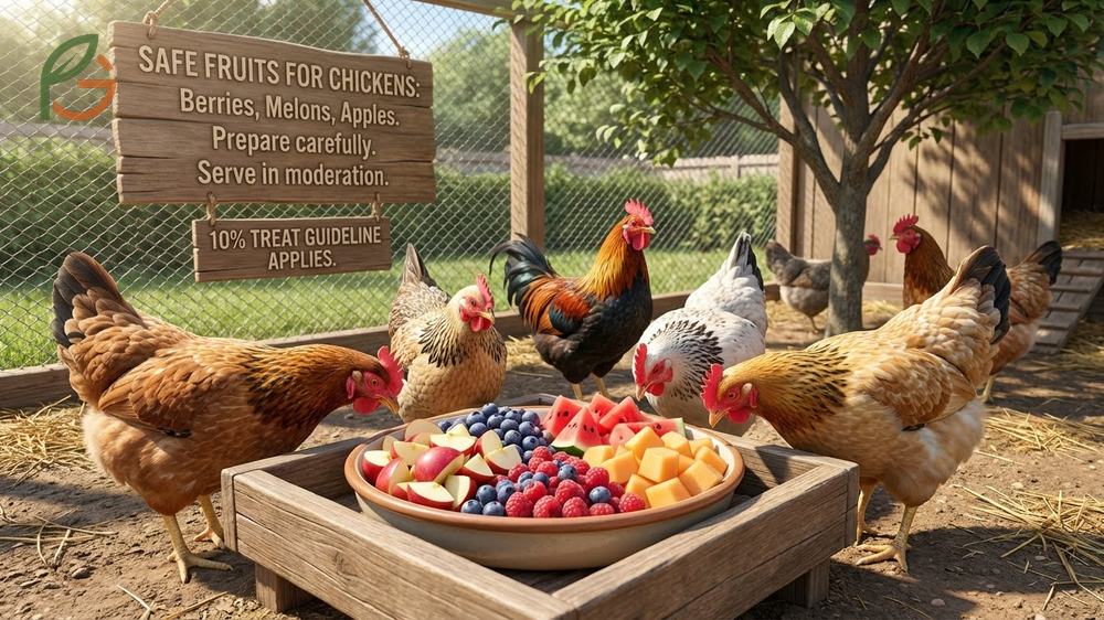 Safe fruits for chickens including berries and melons prepared properly to prevent choking.