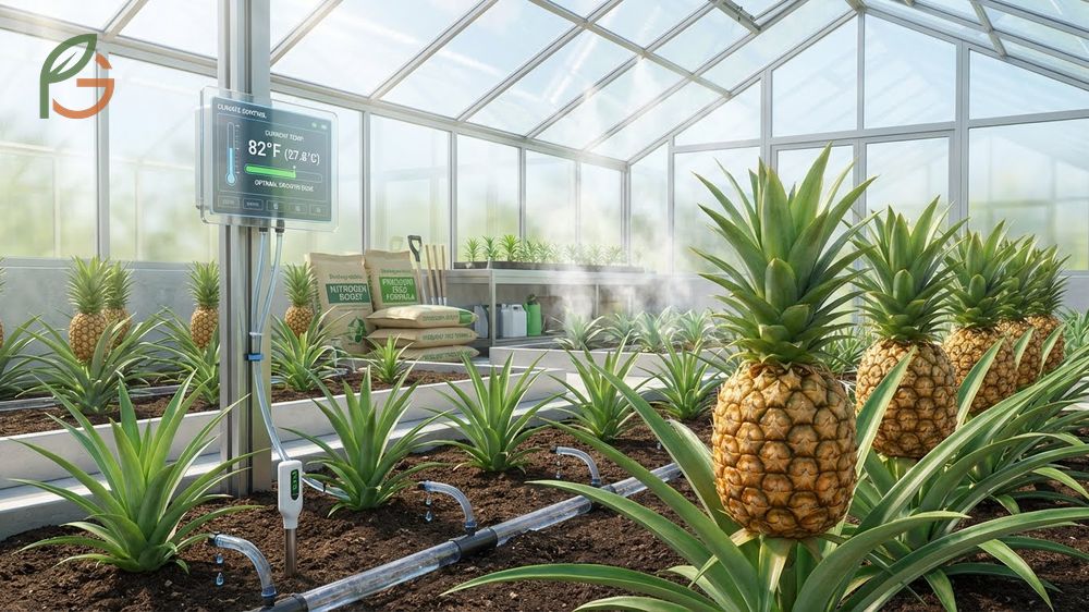 Healthy pineapple plants growing rapidly under optimal temperature and light conditions.