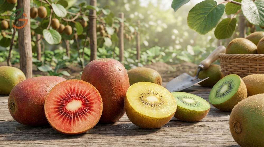 Types of kiwi fruit including Hayward green and SunGold varieties displayed for their distinct flavor profiles.