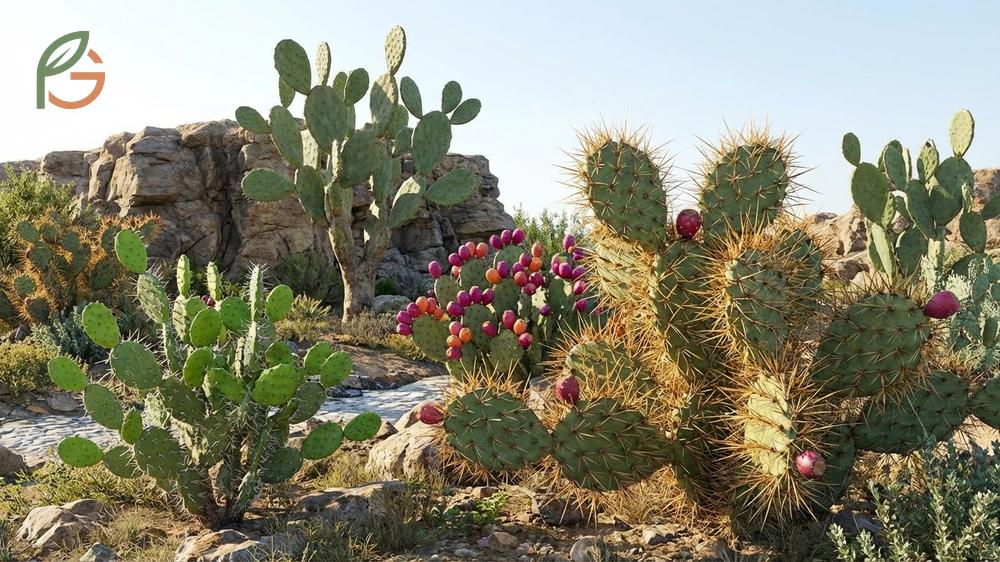 Types of prickly pear cactus include the 11 foot tall desert species and cold hardy varieties for zone 4.