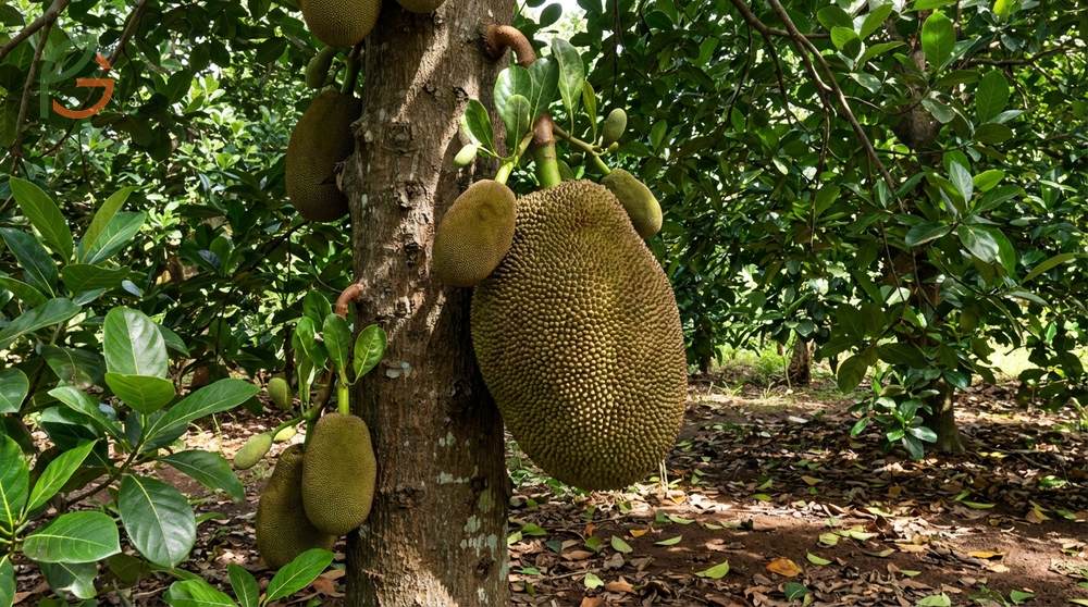 A massive jackfruit tree produces the largest tree fruit in the world weighing up to eighty pounds with yellow pods inside a spiky exterior used for culinary purposes.