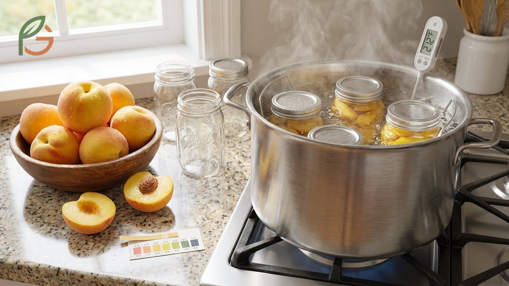 Yellow peach canning relies on natural acidity below pH 4.0 and stable pigments to ensure safe water bath processing and good color.