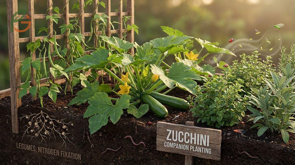 Zucchini companion planting with legumes increases overall yields by over eighteen percent while fixing nitrogen in the soil.