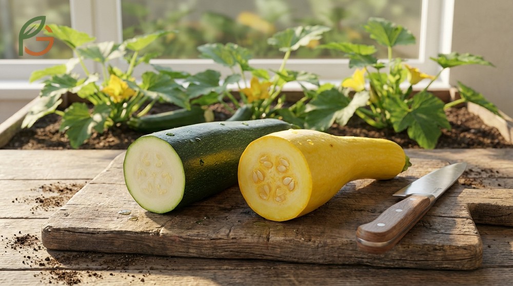 Zucchini vs yellow squash comparison showing distinct colors and shapes for summer squash varieties.