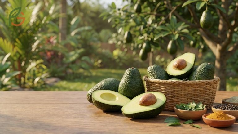 Avocado fruit in Tamil known as Vennai Pazham displayed with its creamy butter like texture and green skin.