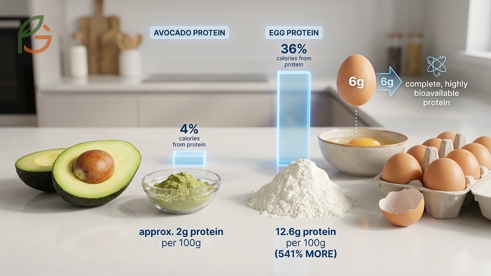 Avocado vs egg protein comparison chart showing eggs contain 12.6g protein compared to 2g in avocados per 100g.