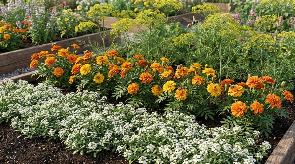 Beneficial companion plants like echinacea and lavender attract pollinators and repel pests across a six-foot garden range.