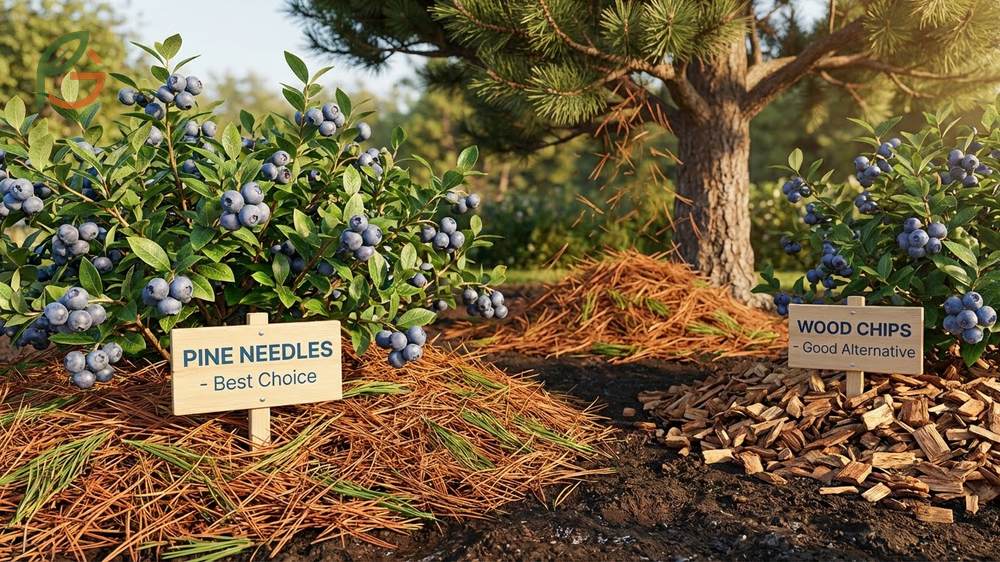 Best mulch for blueberries using pine needles or wood chips to conserve moisture and naturally lower soil pH levels.