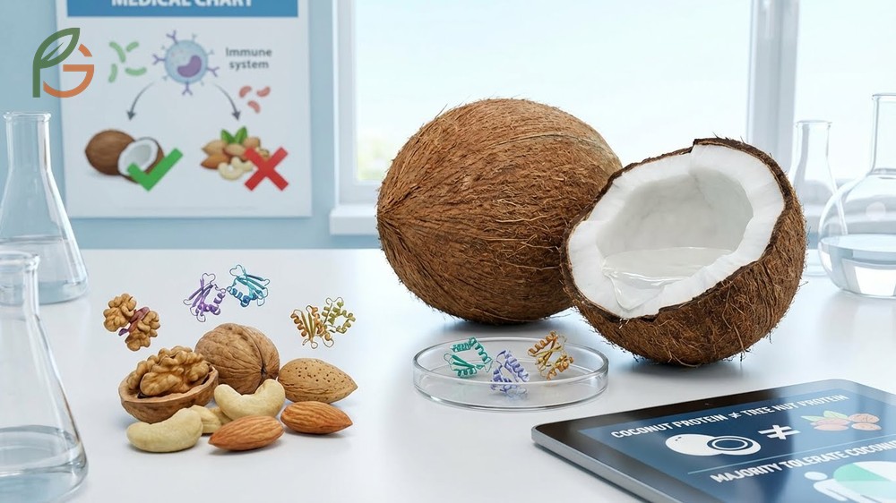 Is coconut a tree nut allergy discussion regarding distinct protein structures and low cross reactivity risks.