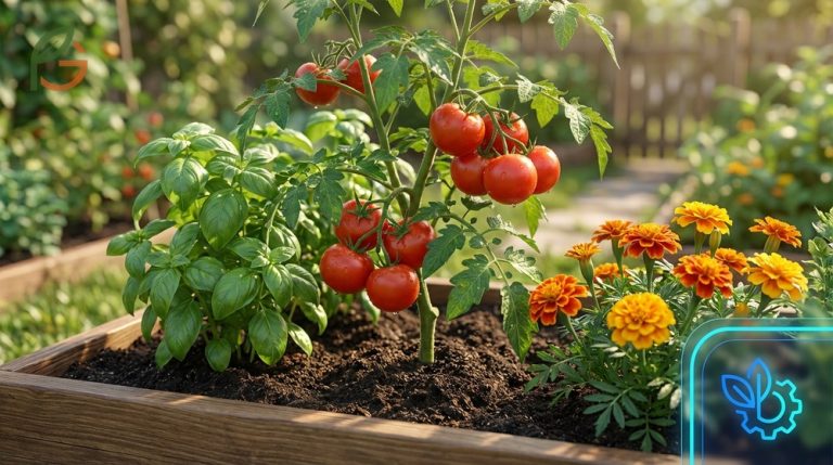 Companion plants for tomatoes guide illustrating beneficial pairings like basil and marigolds that boost yields by up to 30 percent.