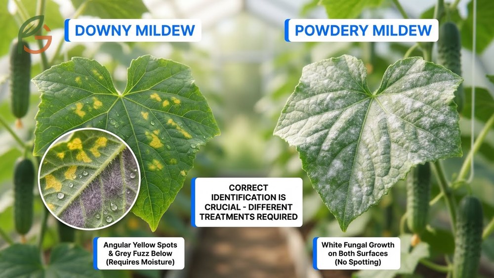 Downy mildew vs powdery mildew differences shown by angular yellow spots versus white powdery coating on leaves.