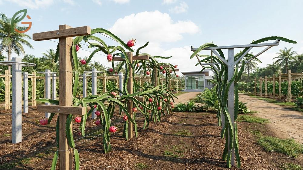 Dragon fruit trellis ideas focus on vertical growth support to replicate natural climbing patterns for better yields.