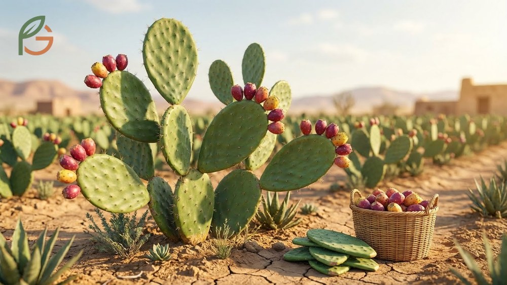 Edible prickly pear cactus plant fruit provides 220mg of potassium and only 40 calories per 100g serving.