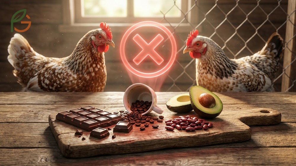Foods chickens cannot eat like chocolate and avocado that cause severe health risks or toxicity.