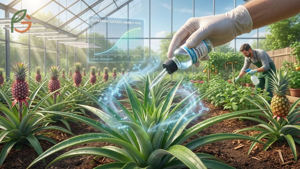 Slices of apple placed in a pineapple crown to induce flowering with natural ethylene gas.