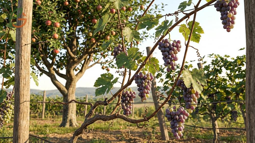 Where do grapes grow botanically explaining woody vines that climb 20 to 65 feet using tendrils rather than growing on trees.