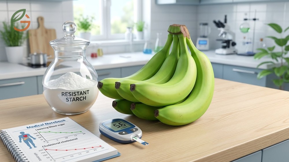 Green banana for diabetics benefits highlighting resistant starch content that reduces fasting glucose and improves insulin sensitivity.