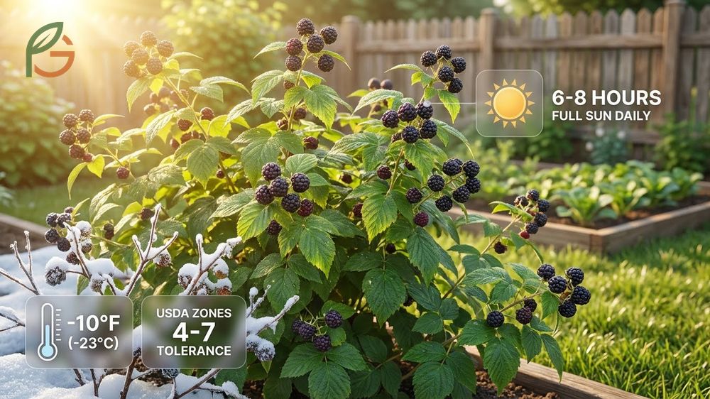 Growing black raspberries guide outlining full sun needs and well drained soil for optimal yield.