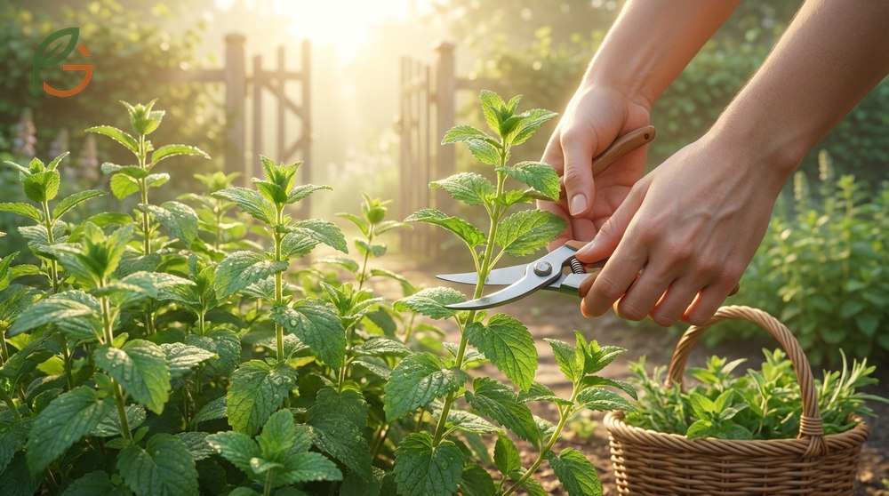 Harvesting lemon balm stems 4 to 6 inches from the ground before flowering to preserve essential oils.