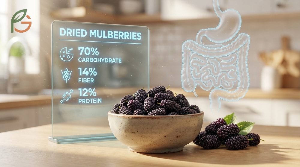 Health benefits of dried mulberries providing 40 percent daily vitamin C and antioxidants for immune support.