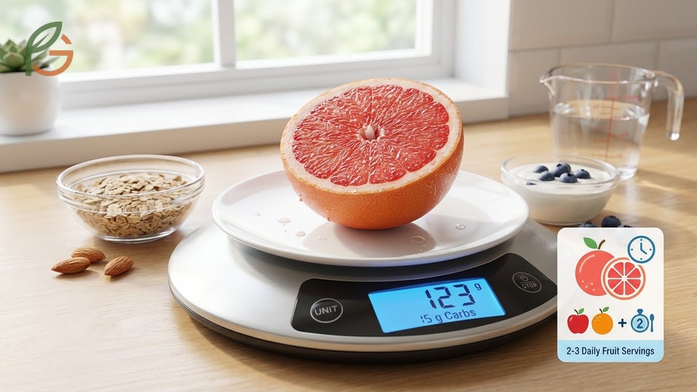 Half a medium grapefruit weighing 123g provides 15g of carbohydrates fitting well into diabetic meal plans.