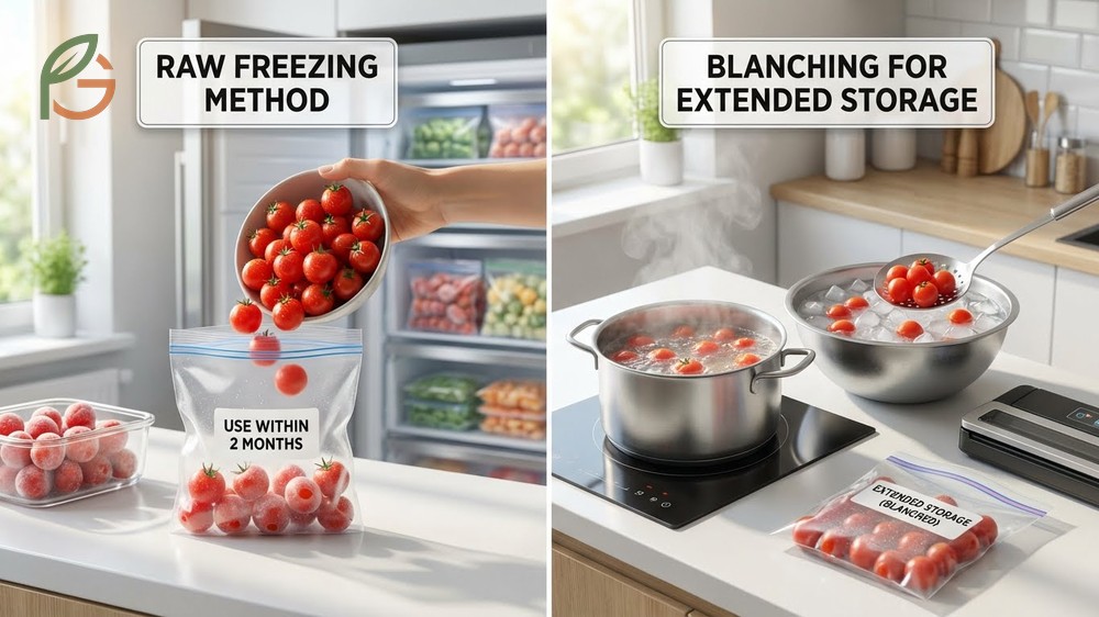 How to freeze cherry tomatoes using a baking sheet to prevent clumping during storage.