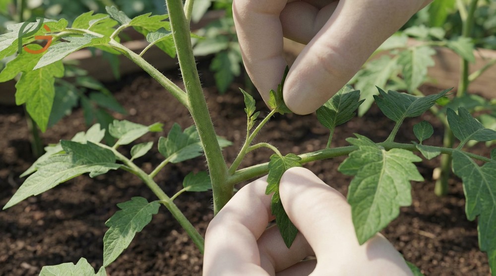 Removing tomato suckers by pinching them off cleanly when they are less than 3 inches long.