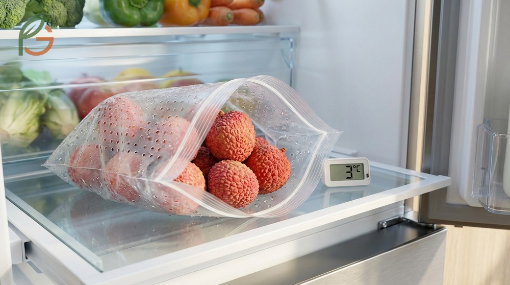 How to store lychee in the refrigerator at 32 to 40 degrees Fahrenheit to keep them fresh for two weeks.