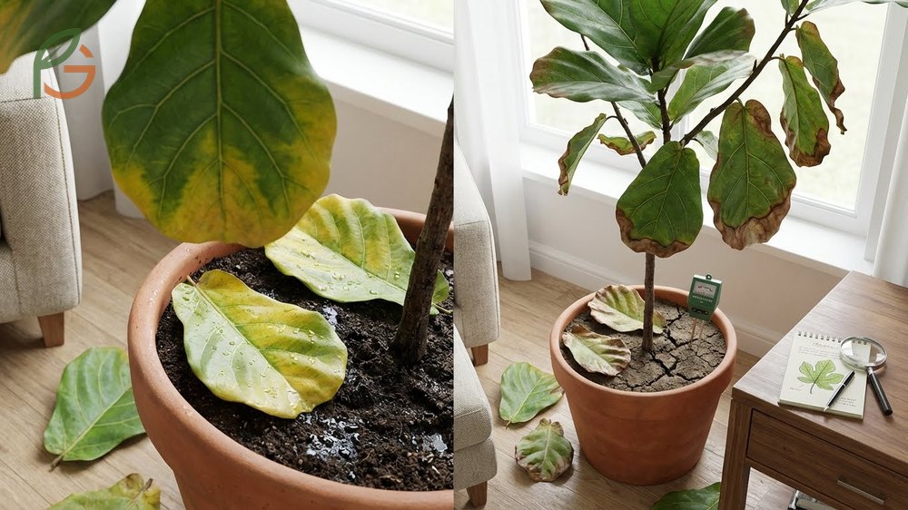 Indoor fig tree dropping leaves caused by overwatering or insufficient light exposure.