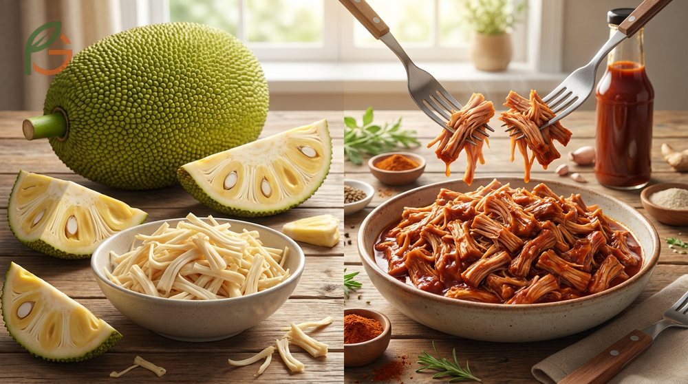 The fibrous jackfruit texture perfectly mimics pulled pork or shredded chicken when cooked making it a favorite ingredient for vegan savory dishes and meat alternatives.