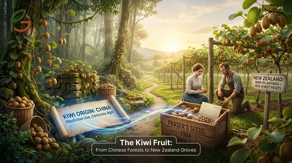 Kiwi origin and history traced from wild vines in China to commercial cultivation in New Zealand.
