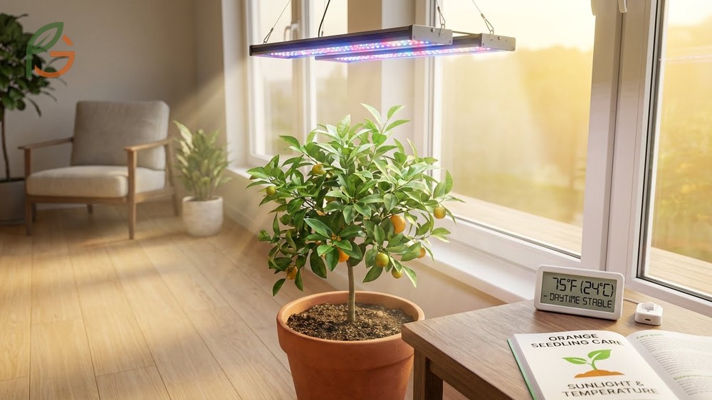 Orange seedling care involves providing 6 to 8 hours of direct sunlight and maintaining stable temperatures between 65 and 85 degrees Fahrenheit.